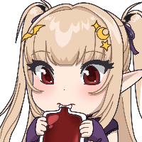 emote of a platinum blonde vampire girl with read eyes, rosy cheeks, pale skin, and pointy ears drinking a pack of blood. she wears purple clothes and has gold hairclips in her fringe.